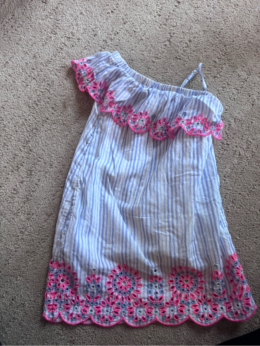Vineyard Vines Blue and White Striped Girls Dress with Pink Embroidered Trim